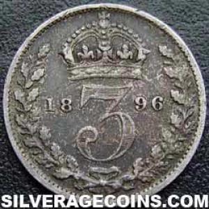 1896 Victoria British Silver "Widow Head" Threepence (Reverse)