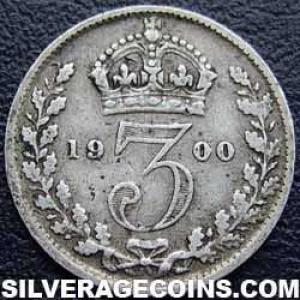 1900 Victoria British Silver "Widow Head" Threepence (Reverse)