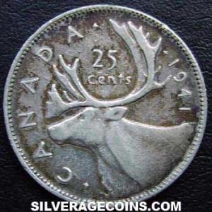 1941 George VI Canadian Silver 25 Cents (Reverse)