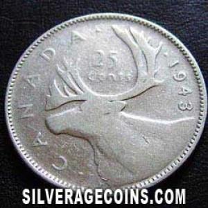 1943 George VI Canadian Silver 25 Cents (Reverse)