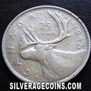 1947 (maple leaf) George VI Canadian Silver 25 Cents (Reverse)
