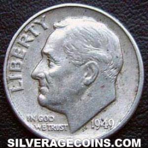 1949 United States "Roosevelt Dime" Silver 10 Cents (Obverse)
