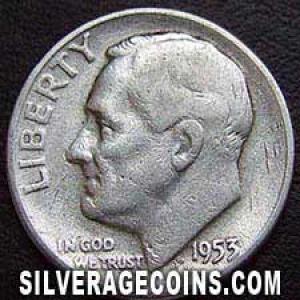 1953 United States "Roosevelt Dime" Silver 10 Cents (Obverse)