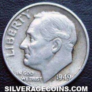 1949 D United States "Roosevelt Dime" Silver 10 Cents (Obverse)