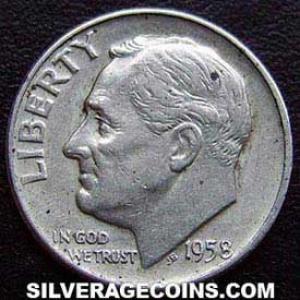 1958 D United States "Roosevelt Dime" Silver 10 Cents (Obverse)