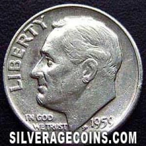 1959 D United States "Roosevelt Dime" Silver 10 Cents (Obverse)