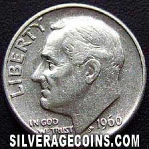 1960 D United States "Roosevelt Dime" Silver 10 Cents (Obverse)