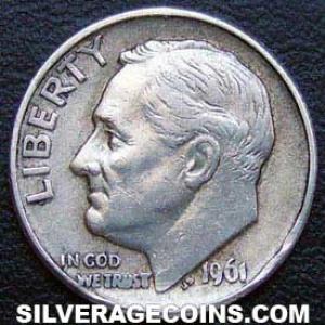 1961 D United States "Roosevelt Dime" Silver 10 Cents (Obverse)