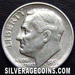 1951 S United States "Roosevelt Dime" Silver 10 Cents (Obverse)