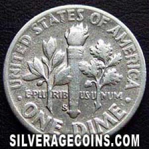 1951 S United States "Roosevelt Dime" Silver 10 Cents (Reverse)