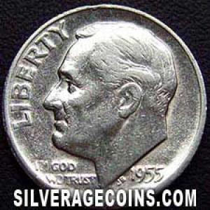 1955 S United States "Roosevelt Dime" Silver 10 Cents (Obverse)