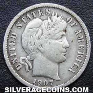 1907 United States "Barber Dime" Silver 10 Cents (Obverse)