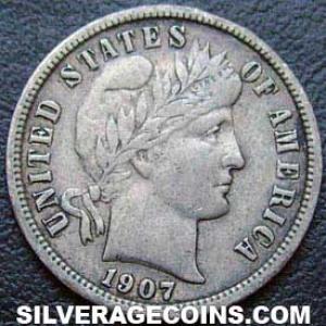 1907 S United States "Barber Dime" Silver 10 Cents (Obverse)