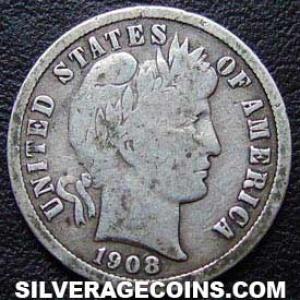 1908 S United States "Barber Dime" Silver 10 Cents (Obverse)