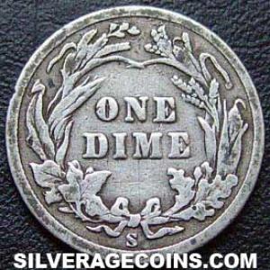 1908 S United States "Barber Dime" Silver 10 Cents (Reverse)