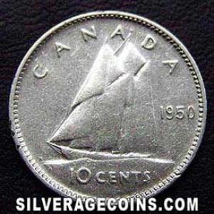 1950 George VI Canadian Silver "Dime" 10 Cents (Reverse)