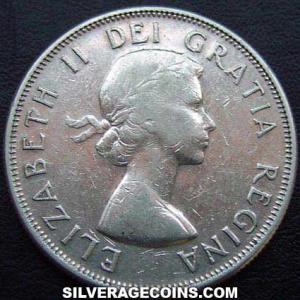 1957 Elizabeth II Canadian Silver 50 Cents (Obverse)