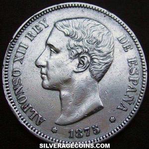 1875 (75) DE-M Alfonso XII Spanish Silver 5 Pesetas (Obverse)