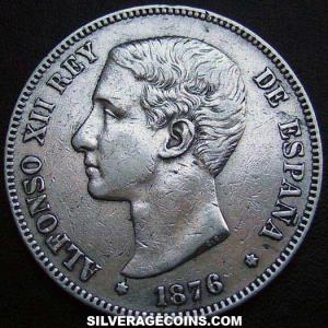 1876 (76) DE-M Alfonso XII Spanish Silver 5 Pesetas (Obverse)