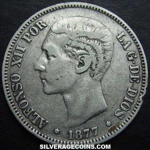 1877 (77) DE-M Alfonso XII Spanish Silver 5 Pesetas (Obverse)