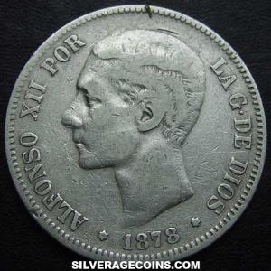 1878 (78) DE-M Alfonso XII Spanish Silver 5 Pesetas (Obverse)