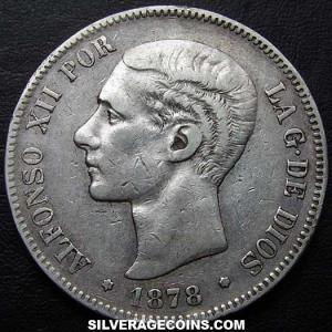 1878 (78) EM-M Alfonso XII Spanish Silver 5 Pesetas (Obverse)