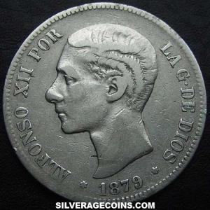 1879 (79) EM-M Alfonso XII Spanish Silver 5 Pesetas (Obverse)
