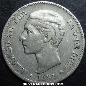 1881 (81) MS-M Alfonso XII Spanish Silver 5 Pesetas (Obverse)