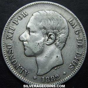 1882 (82) MS-M Alfonso XII Spanish Silver 5 Pesetas (Obverse)