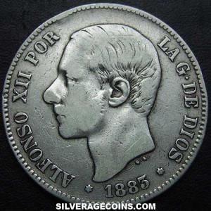 1883 (83) MS-M Alfonso XII Spanish Silver 5 Pesetas (Obverse)