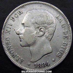 1884 (84) MS-M Alfonso XII Spanish Silver 5 Pesetas (Obverse)
