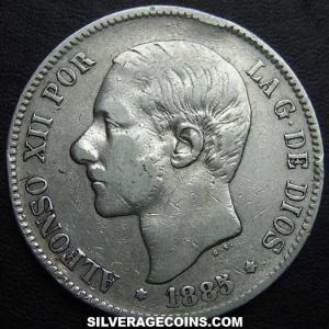 1885 (85) MS-M Alfonso XII Spanish Silver 5 Pesetas (Obverse)