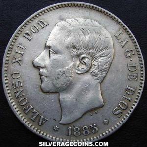 1885 (87) MP-M Alfonso XII Spanish Silver 5 Pesetas (Obverse)