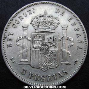 1885 (87) MP-M Alfonso XII Spanish Silver 5 Pesetas (Reverse)