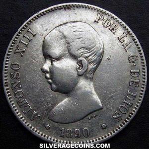 1890 (90) MP-M Alfonso XIII "Pelón" Spanish Silver 5 Pesetas (Obverse)