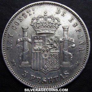 1890 (90) MP-M Alfonso XIII "Pelón" Spanish Silver 5 Pesetas (Reverse)