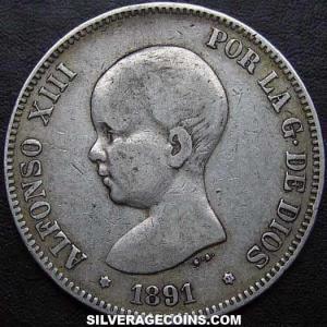 1891 (91) PG-M Alfonso XIII "Pelón" Spanish Silver 5 Pesetas (Obverse)