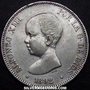 1892 (92) PG-M Alfonso XIII "Pelón" Spanish Silver 5 Pesetas (Obverse)