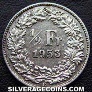 1953 B Swiss Silver Half Franc (Reverse)