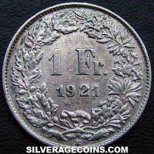1921 B Swiss Silver Franc (Reverse)