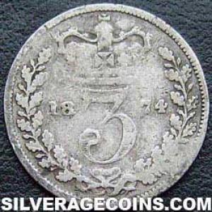 1874 Victoria British Silver "Young Head' Threepence (Reverse)