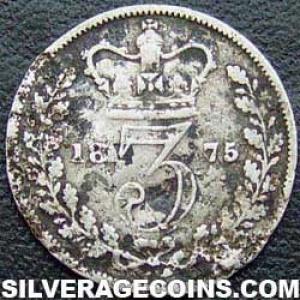1875 Victoria British Silver "Young Head' Threepence (Reverse)