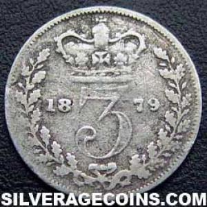 1879 Victoria British Silver "Young Head' Threepence (Reverse)