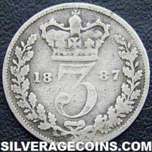 1887 Victoria British Silver "Young Head' Threepence (Reverse)