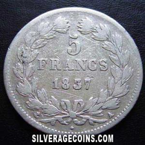 1837 A Louis Philippe I French Silver 5 Francs (Reverse)
