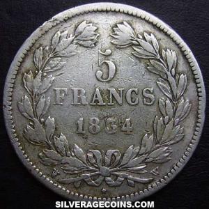 1834 W Louis Philippe I French Silver 5 Francs (Reverse)