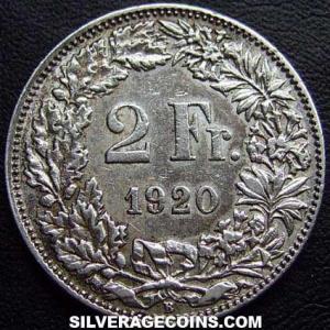 1920 B Swiss Silver 2 Francs (Reverse)