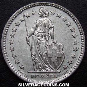 1959 B Swiss Silver 2 Francs (Obverse)