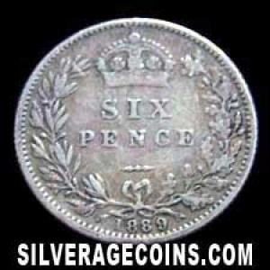 1889 Victoria British Silver "Jubilee Head" Sixpence (Reverse)