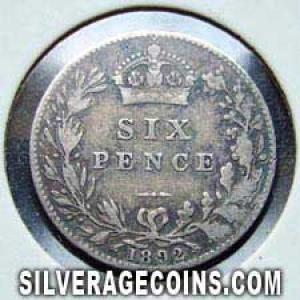 1892 Victoria British Silver "Jubilee Head" Sixpence (Reverse)